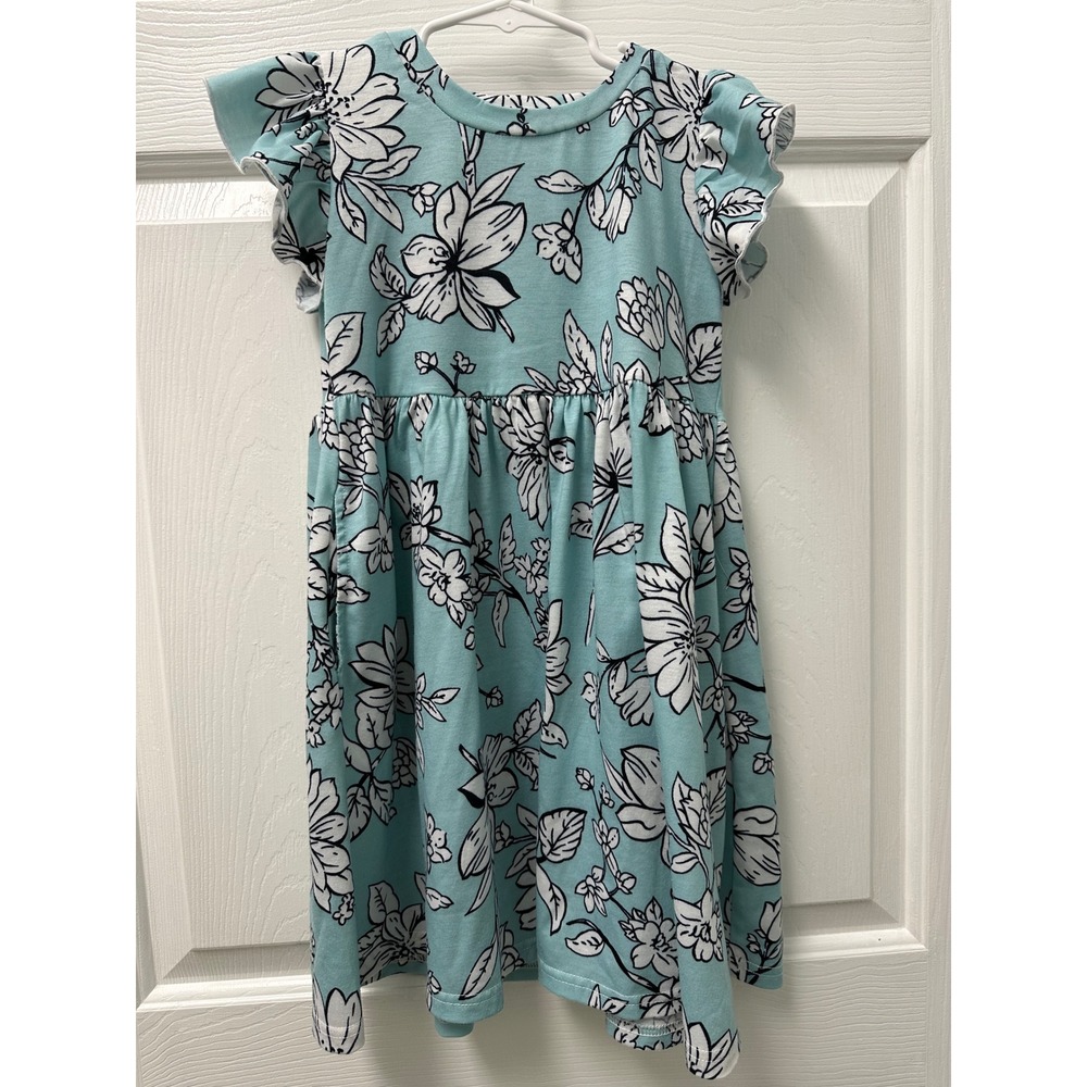 Girls Tickled Teal Floral Dress Pockets Size Large 6-7